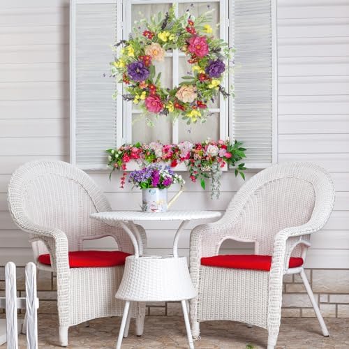 Artificial Spring Summer Wreath Peony Wreaths for Front Door with Olive Leaf, Eucalyptus Leaf, Daisy, Lavender, alternate
