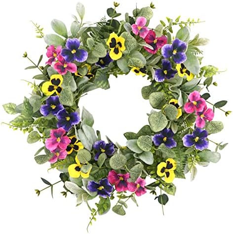 Artificial Spring Summer Wreath with Pansy Flowers, Flocked Lamb Ear Leaves, Eucalyptus Leaves, Fern Branches