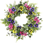 Artificial Spring Summer Wreath with Pansy Flowers, Flocked Lamb Ear Leaves, Eucalyptus Leaves, Fern Branches