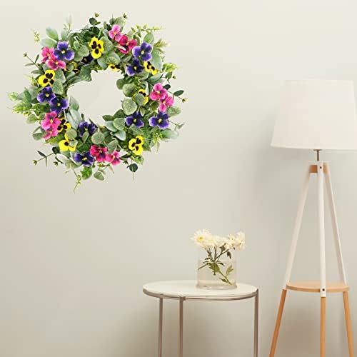 Artificial Spring Summer Wreath with Pansy Flowers, Flocked Lamb Ear Leaves, Eucalyptus Leaves, Fern Branches, alternate view