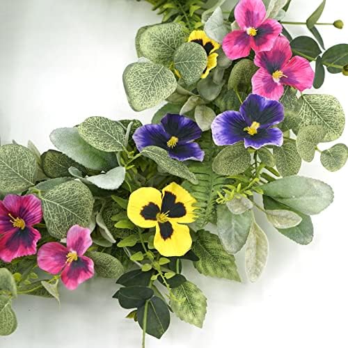 Artificial Spring Summer Wreath with Pansy Flowers, Flocked Lamb Ear Leaves, Eucalyptus Leaves, Fern Branches, alternate view