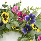 Artificial Spring Summer Wreath with Pansy Flowers, Flocked Lamb Ear Leaves, Eucalyptus Leaves, Fern Branches, alternate view