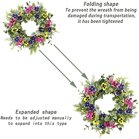 Artificial Spring Summer Wreath with Pansy Flowers, Flocked Lamb Ear Leaves, Eucalyptus Leaves, Fern Branches, alternate view