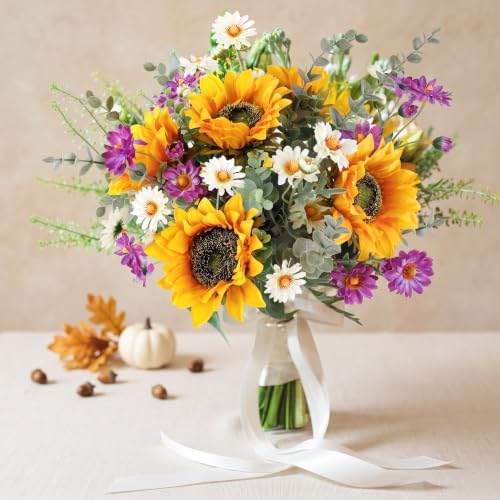 Artificial Sunflowers Fake Cemetery Flowers for Grave Bouquet with Sunflowers for Bridal Bouquets Wedding, alternate view 6