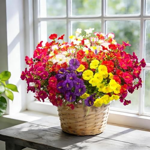 Artificial UV Resistant Morning Glory Flowers with Eucalyptus - 16 Bundles Faux Silk Plastic Mixed Color Fake, alternate view