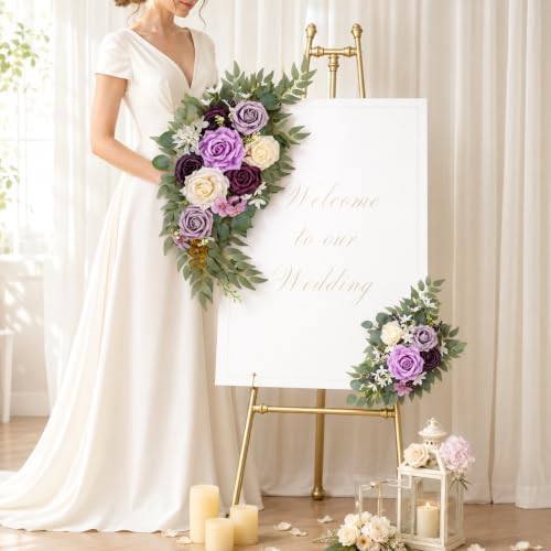 Artificial Wedding Arch Flowers Kit 2 PCS Dust Rose Flowers Silk Peony Floral Swag Welcome Sign for Wedding, alternate view 2