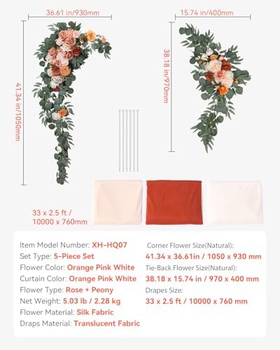 Artificial Wedding Arch Flowers Kit, Orange Wedding Arch Flowers with Drapes Kit (Pack of 5) - 2 Pcs Floral, alternate view 7