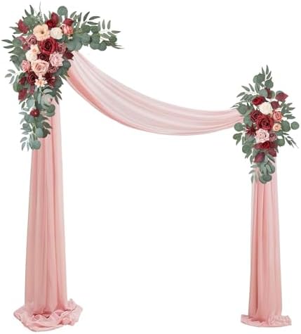 Artificial Wedding Arch Flowers Kit(Pack of 3),2Pcs Artificial Flower Arch Decor,1Pcs Sheer Drape for Wedding