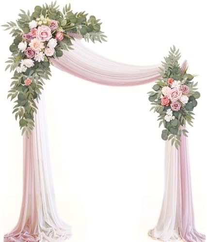 Artificial Wedding Arch Flowers Kit(Pack of 4),2Pcs Artificial Flower Arch Decor, 2Pcs Chiffon Fabric Drapes