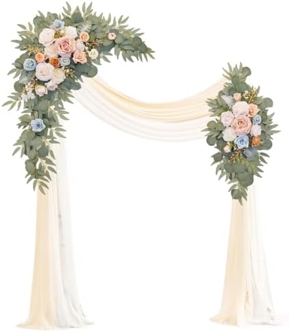 Artificial Wedding Arch Flowers Kit(Pack of 4),2Pcs Artificial Flower Arch Decor, 2Pcs Chiffon Fabric Drapes