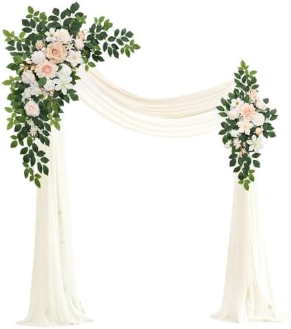 Artificial Wedding Arch Flowers Kit(Pack of 4),2Pcs Artificial Flower Arch Decor, 2Pcs Chiffon Fabric Drapes