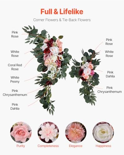 Artificial Wedding Arch Flowers Kit, Pink Wedding Arch Flowers with Drapes Kit- 2 Pcs Floral Arrangement, 2 Pcs, alternate