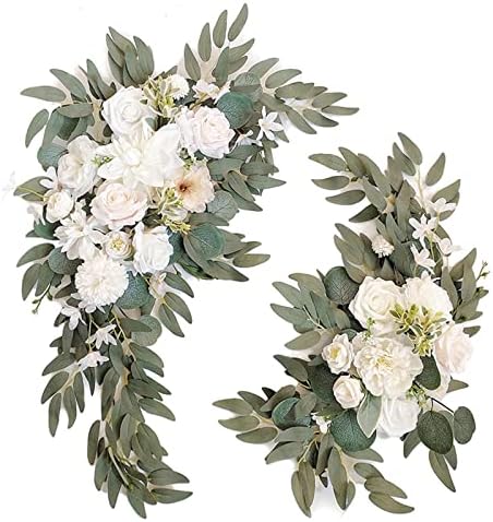 Artificial Wedding Arch Flowers Set of 2, Faux Floral Swag for Wedding Welcome Sign, Ceremony and Reception