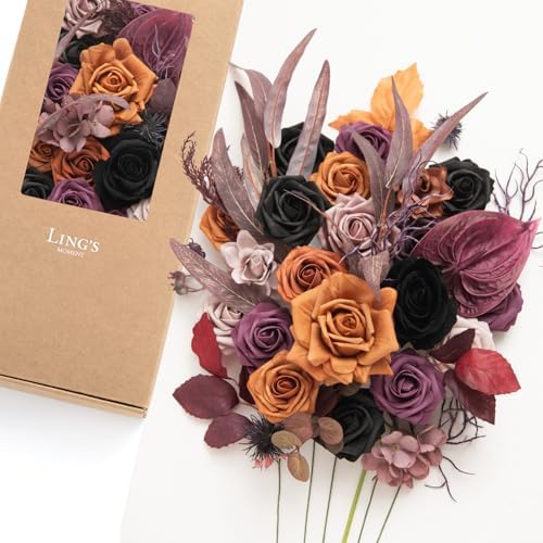 Artificial Wedding Fall Flowers Deluxe Combo, Hollween Decor in Blk-black & Orange & Purple