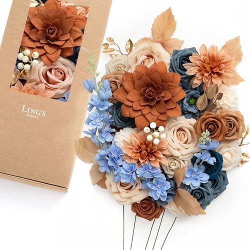 Artificial Wedding Fall Flowers Deluxe Combo, Orange & Navy in Or-burnt Orange & Navy