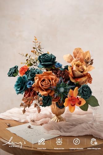 Artificial Wedding Fall Flowers Deluxe Combo, Teal & Orange in Or-teal & Burnt Orange, alternate view 2