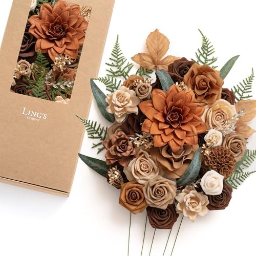 Artificial Wedding Fall Flowers Deluxe Combo, Walnut Brown in Walnut Brown & Burnt Orange