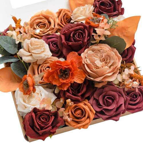 Artificial Wedding Fall Flowers Grand Combo, Orange Burgundy in Or-orange & Burgundy