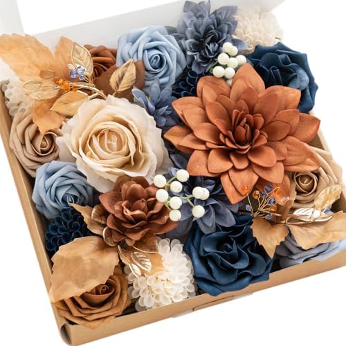 Artificial Wedding Fall Flowers Grand Combo, Orange & Navy in Or-burnt Orange & Navy