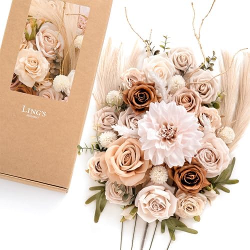 Artificial Wedding Flowers Combo, Beige & Sepia, Deluxe in Beg-beige & Sepia