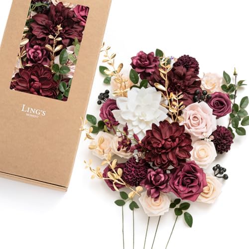 Artificial Wedding Flowers Combo, Marsala&Soft Peach, Deluxe in Red-marsala & Soft Peach