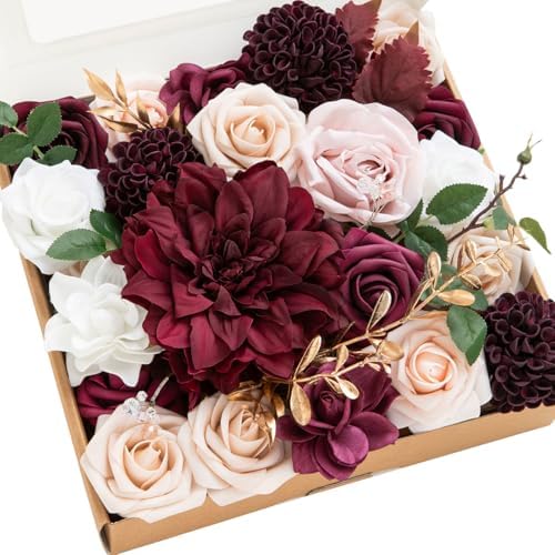 Artificial Wedding Flowers Combo, Marsala & Soft Peach, Grand in Red-marsala & Soft Peach