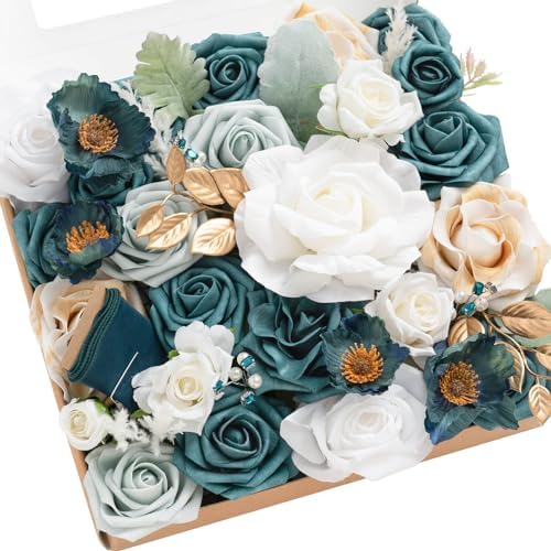 Artificial Wedding Flowers Combo, White & Teal, Grand in Grn-white & Teal