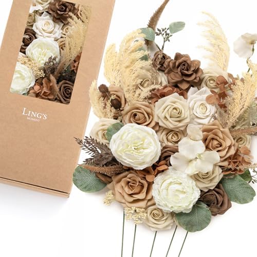 Artificial Wedding Flowers Deluxe Combo, Brown & Tawny Beige in Beg-earth Brown & Tawny Beige