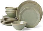 Artisanal Stripe Green 12 Piece Dinnerware Set, Service For 4 in Green