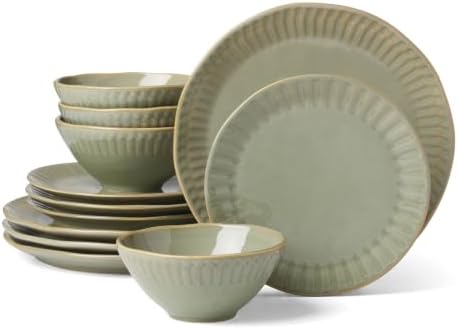 Artisanal Stripe Green 12 Piece Dinnerware Set, Service For 4 in Green
