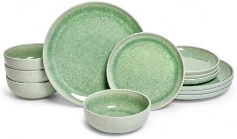 Asher 12-Piece Stoneware Dinnerware Set for 4, Green Ceramic Plates and Bowls Sets, Modern Dish Set with