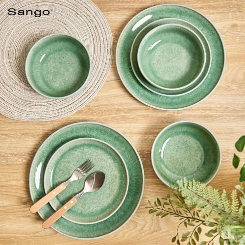 Asher 12-Piece Stoneware Dinnerware Set for 4, Green Ceramic Plates and Bowls Sets, Modern Dish Set with, alternate view 2
