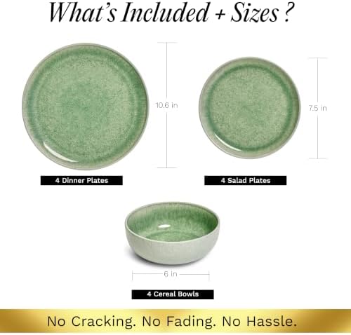 Asher 12-Piece Stoneware Dinnerware Set for 4, Green Ceramic Plates and Bowls Sets, Modern Dish Set with, alternate view 3