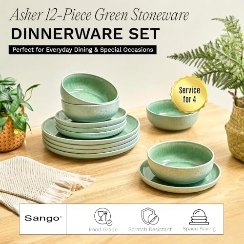 Asher 12-Piece Stoneware Dinnerware Set for 4, Green Ceramic Plates and Bowls Sets, Modern Dish Set with, alternate view 6