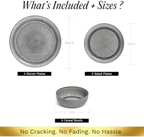 Asher 12-Piece Stoneware Dinnerware Set for 4, Grey Ceramic Plates and Bowls Sets, Modern Dish Set with Reactive, alternate