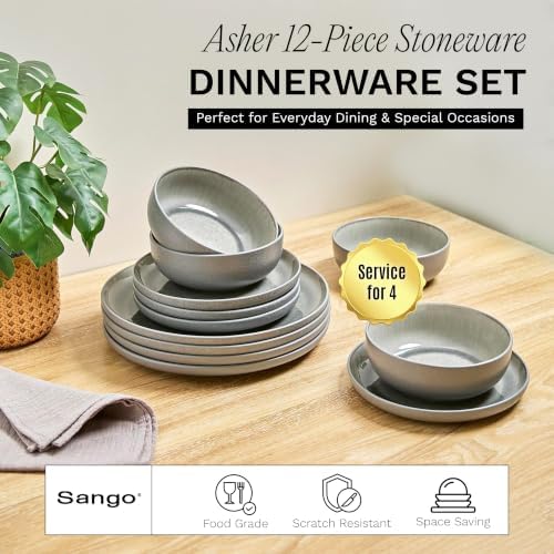 Asher 12-Piece Stoneware Dinnerware Set for 4, Grey Ceramic Plates and Bowls Sets, Modern Dish Set with Reactive, alternate