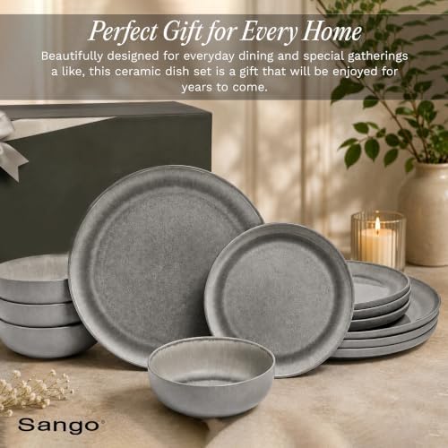 Asher 12-Piece Stoneware Dinnerware Set for 4, Grey Ceramic Plates and Bowls Sets, Modern Dish Set with Reactive, alternate