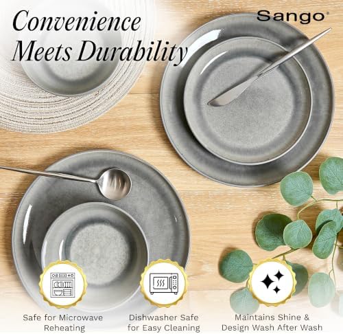 Asher 12-Piece Stoneware Dinnerware Set for 4, Grey Ceramic Plates and Bowls Sets, Modern Dish Set with Reactive, alternate