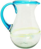 Authentic Hand Blown Glass Margarita Pitcher, Aqua-rimmed Mexican Glassware with Thick Body and Sturdy Handle