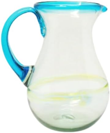 Authentic Hand Blown Glass Margarita Pitcher, Aqua-rimmed Mexican Glassware with Thick Body and Sturdy Handle