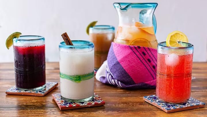 Authentic Hand Blown Glass Margarita Pitcher, Aqua-rimmed Mexican Glassware with Thick Body and Sturdy Handle, alternate view