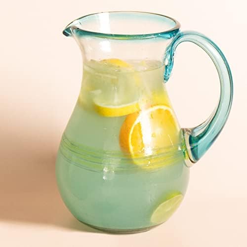 Authentic Hand Blown Glass Margarita Pitcher, Aqua-rimmed Mexican Glassware with Thick Body and Sturdy Handle, alternate view