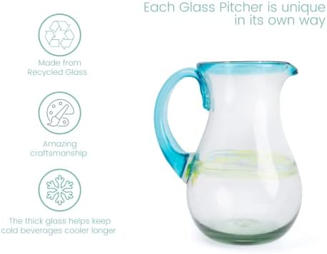 Authentic Hand Blown Glass Margarita Pitcher, Aqua-rimmed Mexican Glassware with Thick Body and Sturdy Handle, alternate view