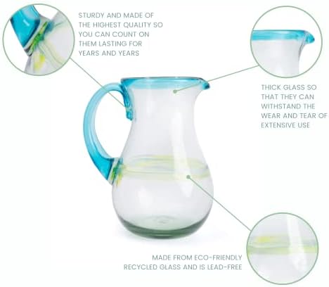 Authentic Hand Blown Glass Margarita Pitcher, Aqua-rimmed Mexican Glassware with Thick Body and Sturdy Handle, alternate view