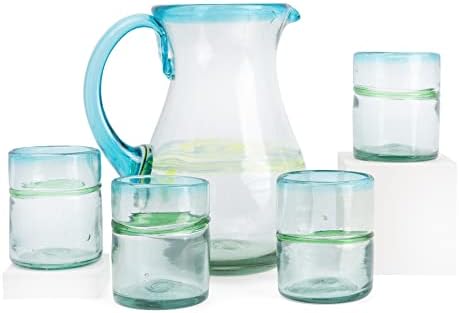 Authentic Mexican Glassware, Versatile Stemless Margarita Glasses Set of 4 with Pitcher, Hand Blown 10oz Blue