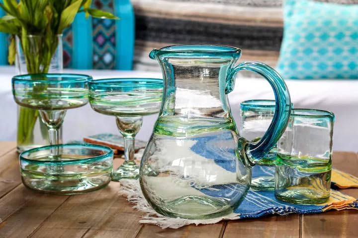 Authentic Mexican Glassware, Versatile Stemless Margarita Glasses Set of 4 with Pitcher, Hand Blown 10oz Blue, alternate view