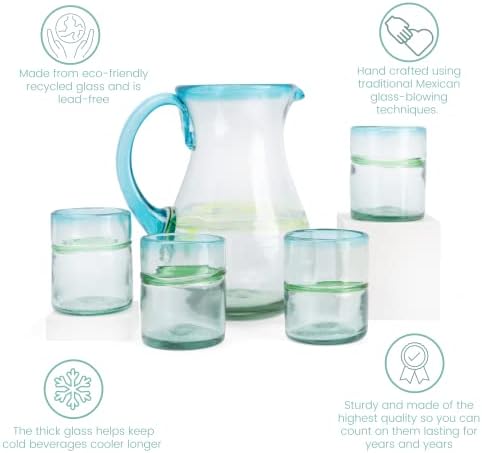 Authentic Mexican Glassware, Versatile Stemless Margarita Glasses Set of 4 with Pitcher, Hand Blown 10oz Blue, alternate view