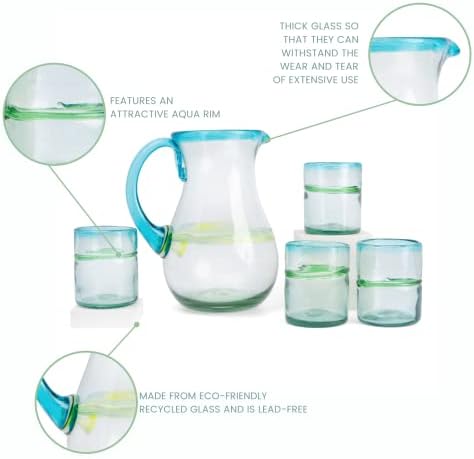 Authentic Mexican Glassware, Versatile Stemless Margarita Glasses Set of 4 with Pitcher, Hand Blown 10oz Blue, alternate view