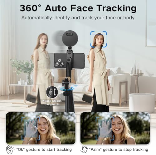 Auto Face Tracking Tripod 360 Rotation, Selfie Stick for iPhone with Light in Black-SL, alternate view 2