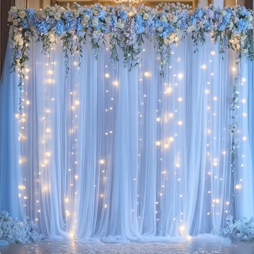 Baby Blue Sheer Tulle Backdrop Curtains with Lights String for Parties Baby Shower Decorations for Boy Bridal